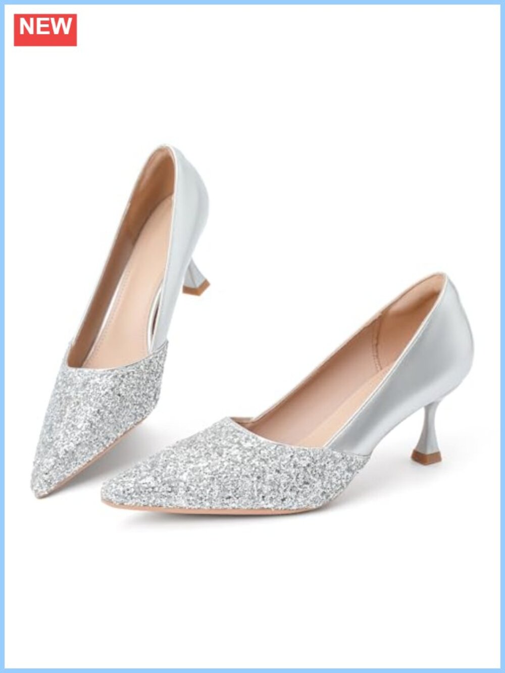 Kitten High Heels Sequin Pointed Toe Leather Pumps Comfortable Slip On Stilettos